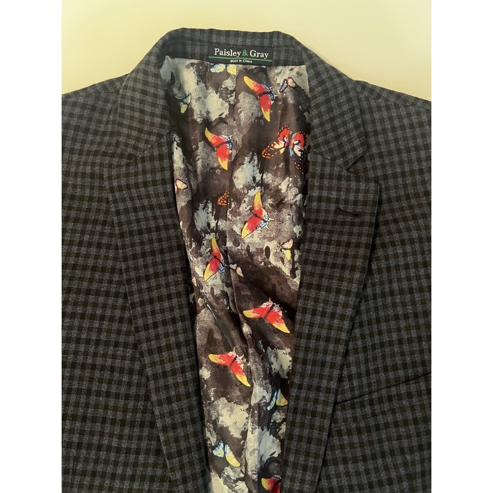 Paisley & Gray Slim Fit Blazer 36R Gray Check Butterfly Lining Sport Coat - Picture 2 of 11